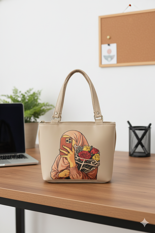 Beige Mini Tote Bag for Women with Cute Girl Print
