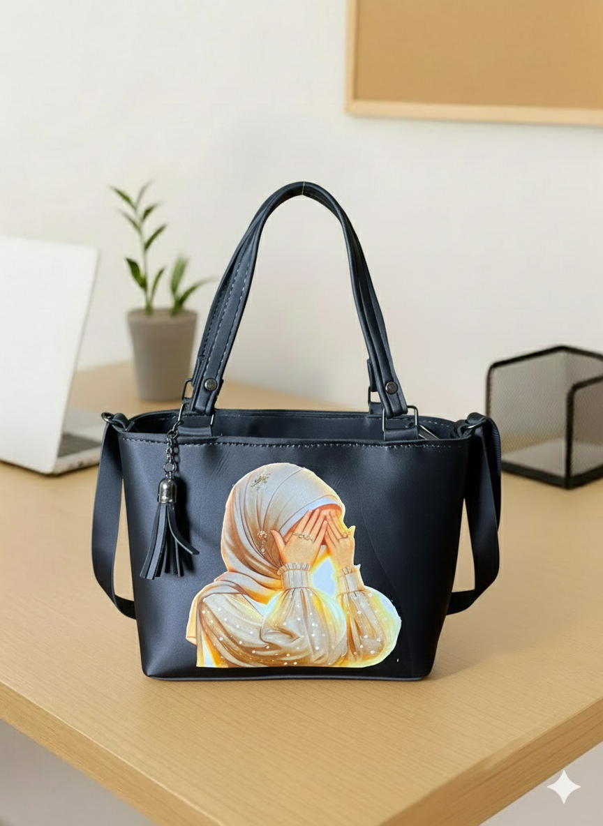 Beige Mini Tote Bag for Women with Cute Girl Print